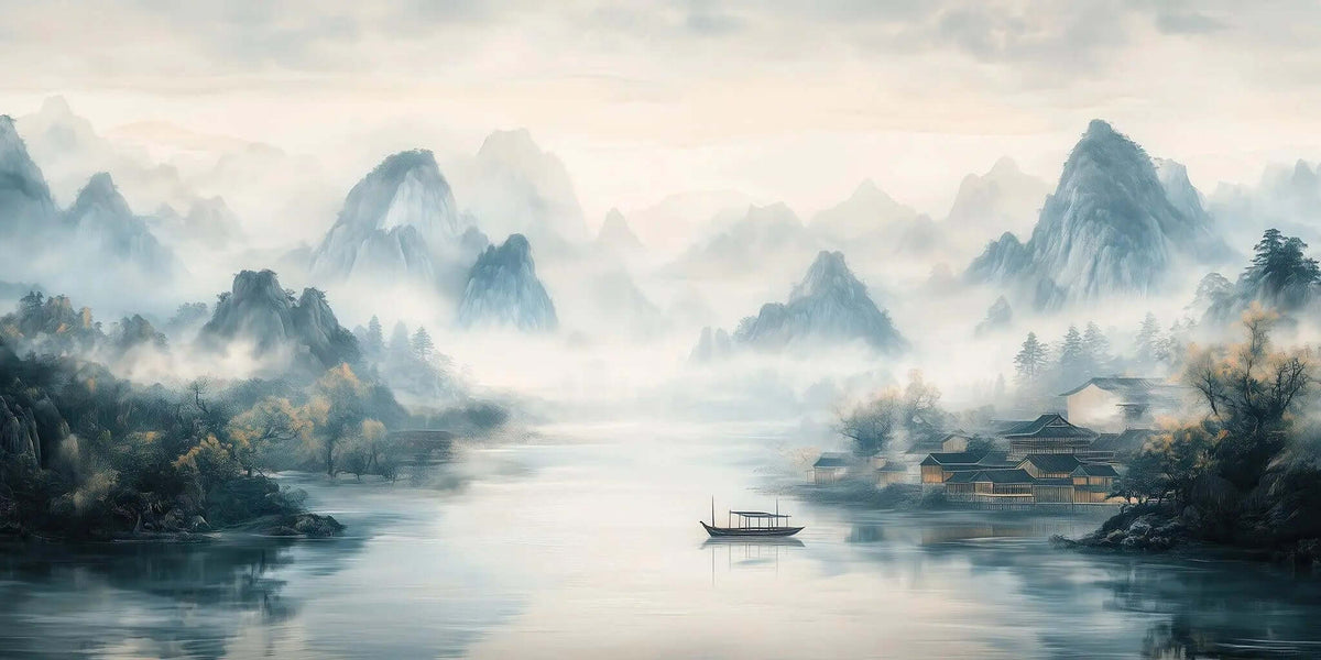 Tranquil Misty Mountains Wallpaper Mural - Serene Asian Landscape Art ...